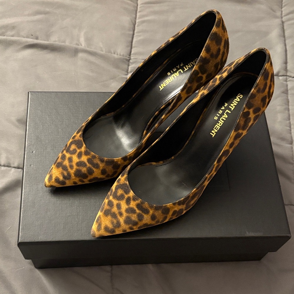 🤎 Saint Laurent Anja Suede Leopard Print 85mm Heels